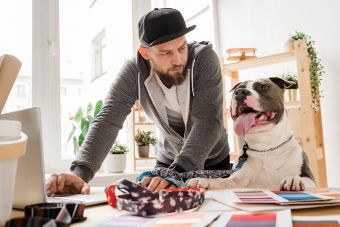 hombre y perro trabajan