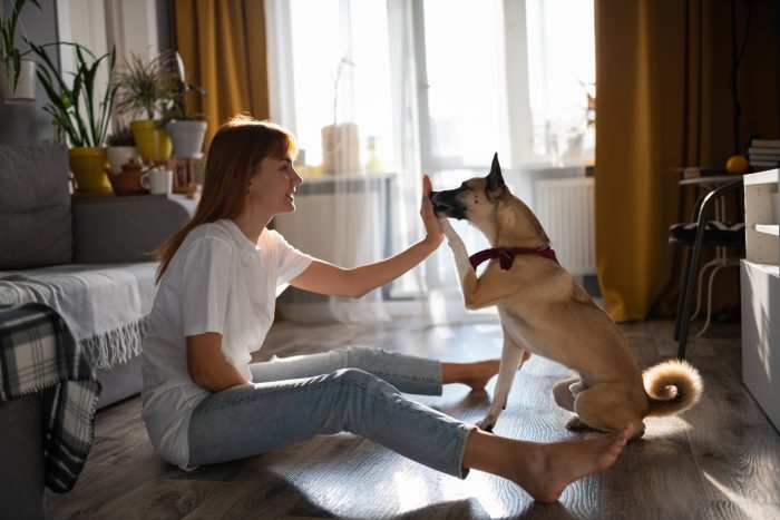 mujer toca boca de perro